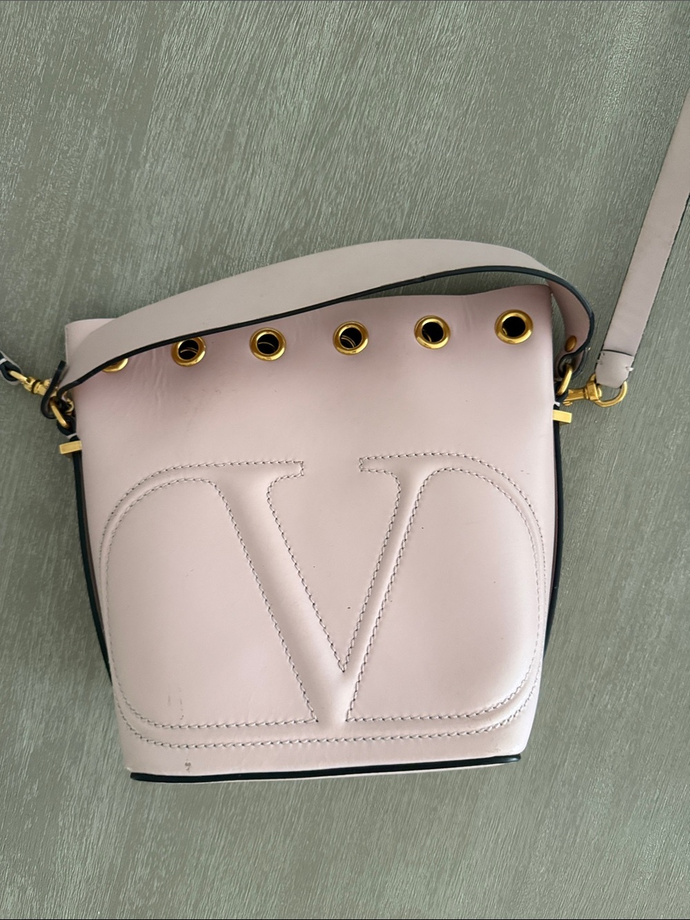 Valentino Garavani Pale Pink V-Logo Leather Crossbody with Gold Eyelets